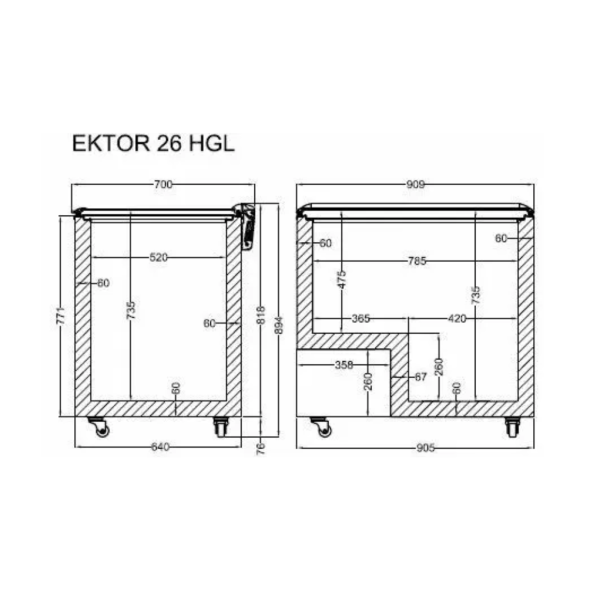 Морозильна скриня, лар з відкидним прямим склом CRYSTAL Ektor 26 HGL