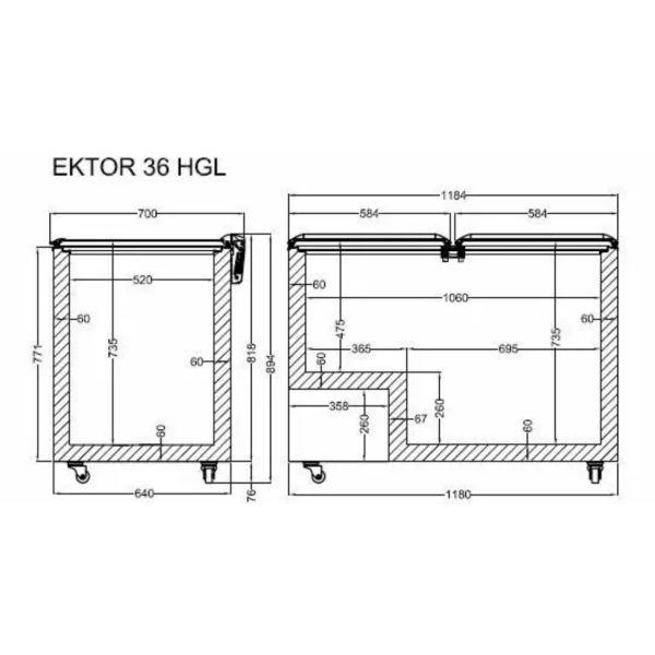 Морозильная камера, ларь с откидным прямым стеклом CRYSTAL Ektor 36 HGL